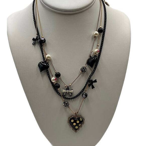Betsey Johnson Triple Lip Kiss Pearl Polka Dot Heart Charm First‎ Date Necklace - Picture 1 of 12